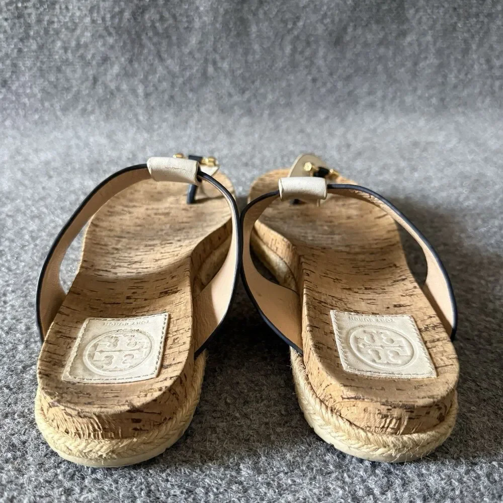 Tory Burch Logo Medallion Thong Sandals White Navy Gold Leather Women’s 8